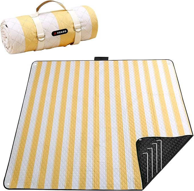 HX&OD Outdoor Picnic Blanket Extra Large, 80''*60'' Waterproof Picnic Mat with Stakes Foldable Camping Blanket Portable with Carry Strap for Beach Mat (Green& White, 80''*60'')-BubblyBeeBaby