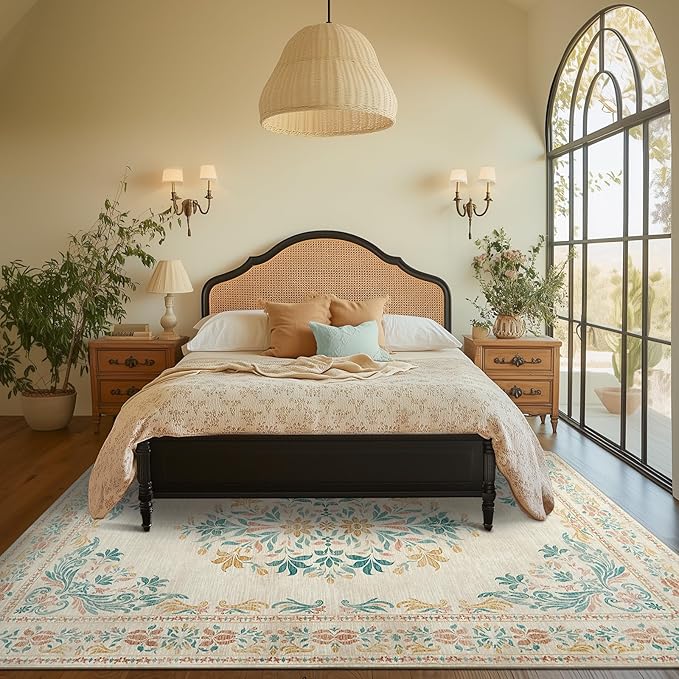 jinchan Vintage Floral 6x9 Area Rugs for Living Room - Machine Washable Distressed Design Soft Throw Rug Ultra-Thin Non-Slip Large Carpet for Bedroom Nursery Dining Room Home Office (6x9ft,Apricot)-BubblyBeeBaby