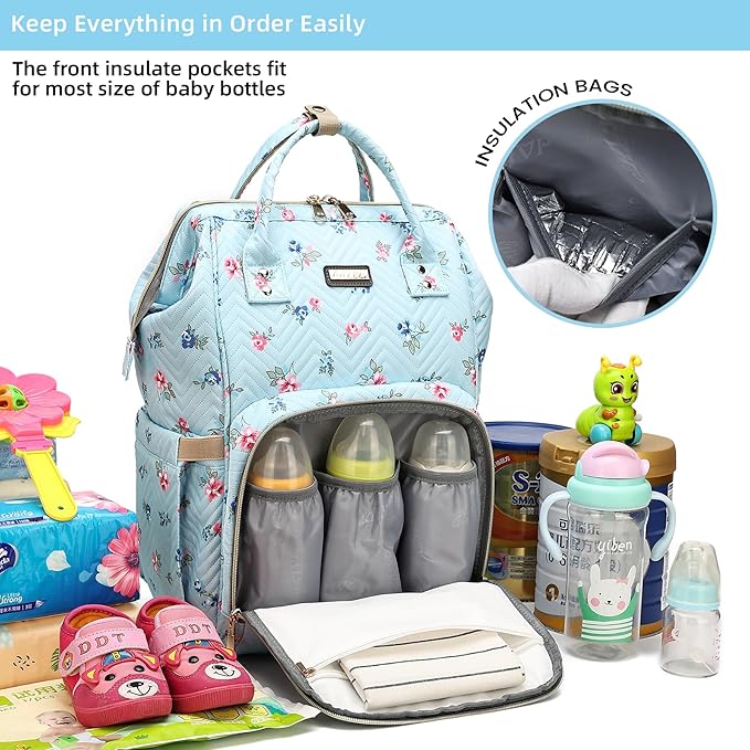 Diaper Bag Backpack for Women, Baby Bags for Girls,Diaper Bag with Changing Pad, and Insulated Pockets-Blue Flowers-BubblyBeeBaby
