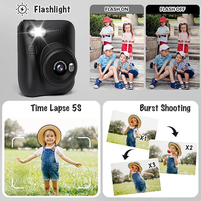 Instant Print Camera for Kids, 3.0" HD 1080P Digital Video Cameras with 3 Rolls of Printer Paper for Toddler, Birthday Gifts Toy for Girls Boys with 32GB SD Card (3.0 Style, Black)-BubblyBeeBaby
