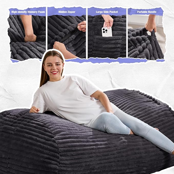 Hobestluk 4FT Bean Bag Chairs Adult Bean Bag with Portable Handle Comfy Large Bean Bag Chair with Removable Cover for Living Room Bedroom or Reading Nook (Stripe Dark Grey, 4FT)-BubblyBeeBaby