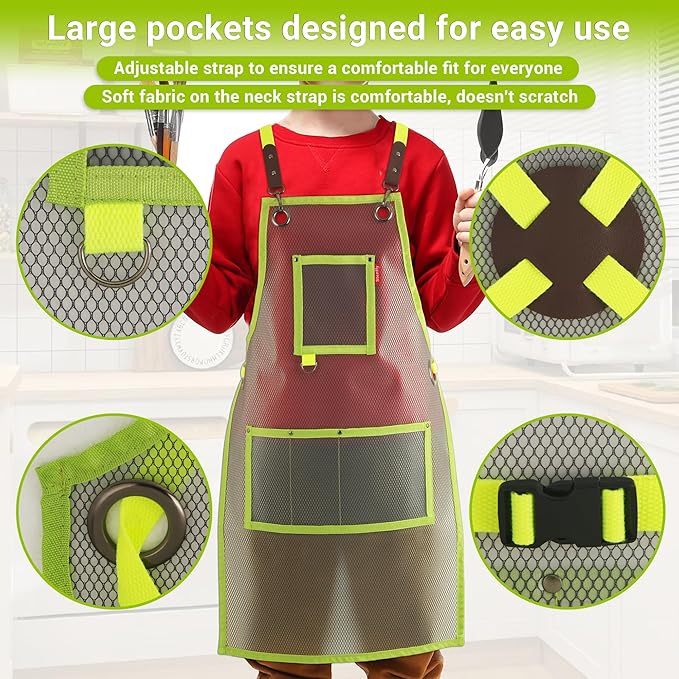 Kids Art Aprons for Painting, Gardening, Cooking, Multiple Pockets, Kids Smock for Boys & Girls, Waterproof (Age6-12)-BubblyBeeBaby