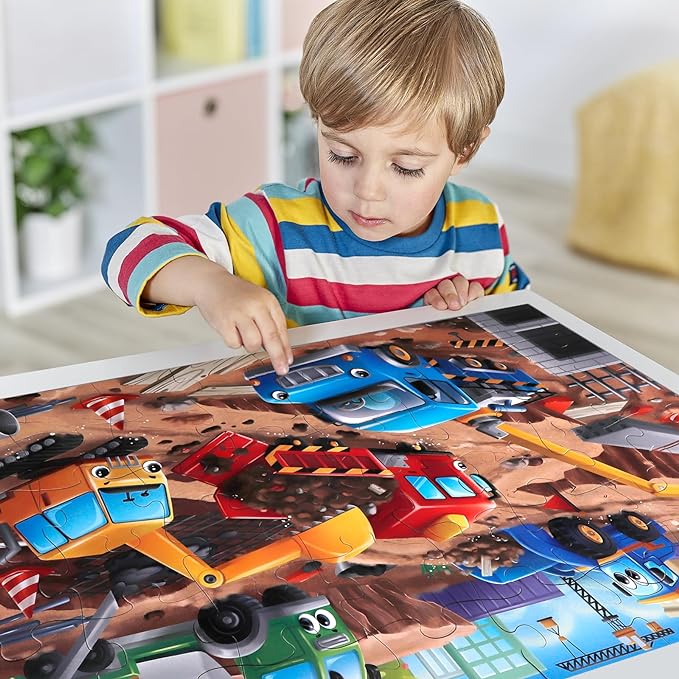 Jumbo Floor Puzzle for Kids,Construction Site Jigsaw Large Puzzles,48 Piece Construction Vehicle Puzzle for Toddler Ages 3-5,Children Learning Preschool Educational Toys,Gift for 4-8 Years Old-BubblyBeeBaby