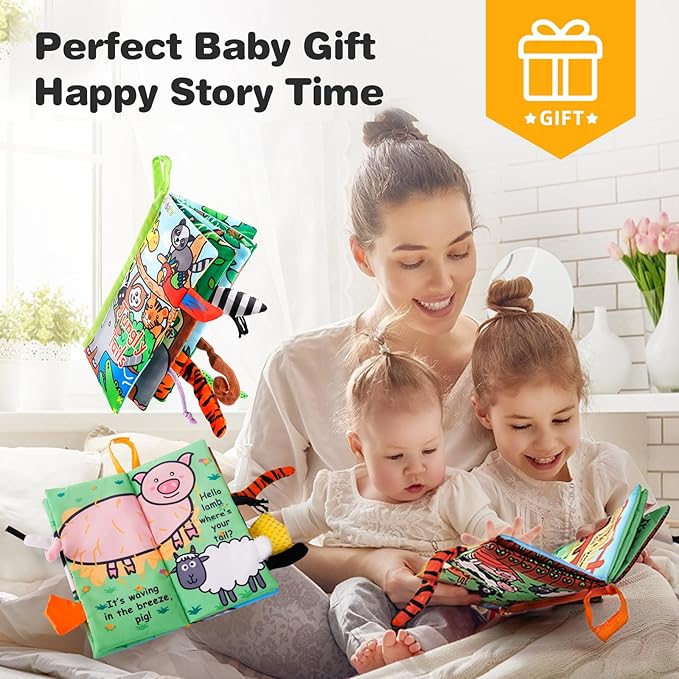 Jollybaby 2 PCS Sensory Touch and Feel Crinkle Books for Baby 0-6 Months, Jungle Farm Tails Montessori Car Set Toys for Tummy Time Newborn 6-12, Soft Fabric Cloth Books for Infant 1 Year Old Gift-BubblyBeeBaby