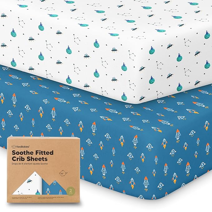 KeaBabies 2-Pack Organic Crib Sheets for Boys, Girls - 52x28 Fitted Crib Mattress Sheet Neutral, Breathable Jersey Cotton Cover for Baby Bed, Toddler Mattress, Soft & Cute Prints (Space Quest)-BubblyBeeBaby