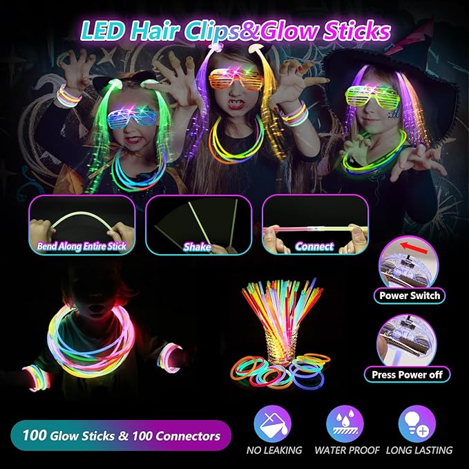 148 PCS Glow in the Dark Party Supplies, 16PCS Foam Glow Sticks, 16PCS LED Glasses,100PCS Glow Sticks Bracelets and 16Pcs LED Hair Clips Fiber Optic for Glow Party, Wedding, Halloween Party-BubblyBeeBaby