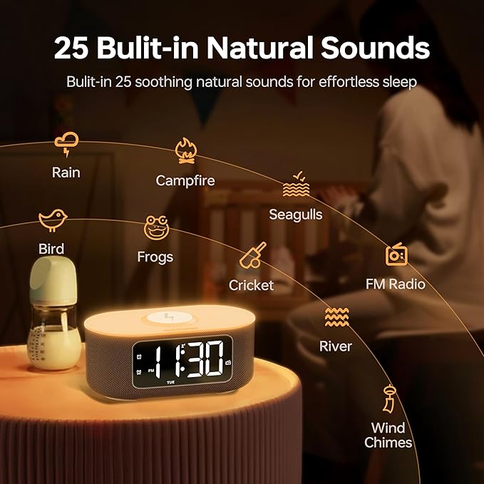 JALL Fabric Alarm Clock for Bedroom, with Big Led Screen Display, Bluetooth Stereo Sound Speaker, FM Radio, Fast Wireless Charging, USB Charging Port, Nightlight, White Noise, Ideal for Gift, Black-BubblyBeeBaby