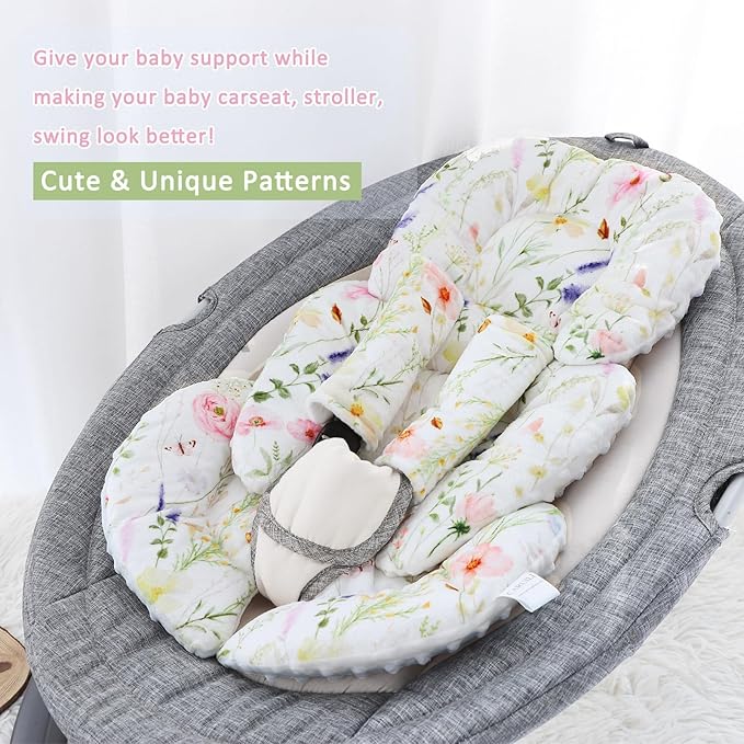 Infant Car Seat Insert, Car Seat Head Support Baby Girls Boys, Soft & Reversible Newborn Carseat Insert Cushion with 2 Strap Covers, for Stroller, Swing, Bouncer (White Wildflowers)-BubblyBeeBaby