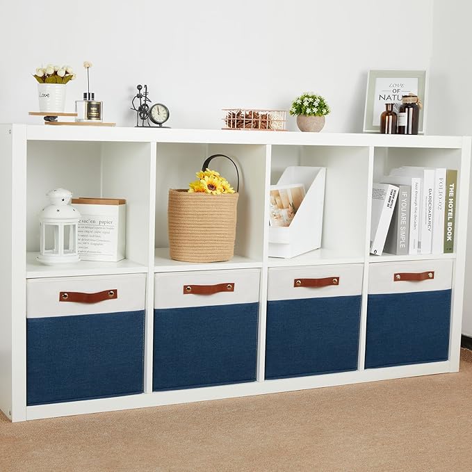 HNZIGE Fabric Storage Cubes Bins for Shelves,13x13 Storage Cubes, Set Of 4 Foldable Cubby Storage Bins for Organizing, Cloth Blue Storage Baskets for Cube Organizer Toy Nursery Shelves(Blue&White)-BubblyBeeBaby