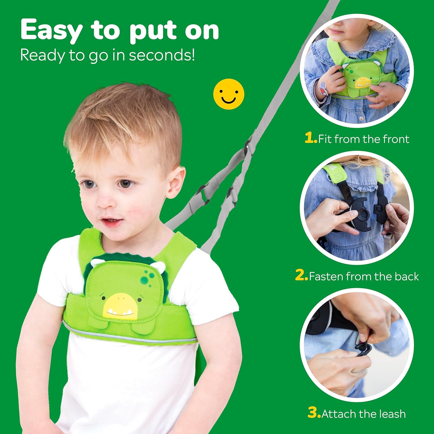 Trunki Toddler Leash - Fuss Free Toddler Walking Reins & Kids Safety Harness | Baby Leash for Kids – Dudley Dinosaur (Green)