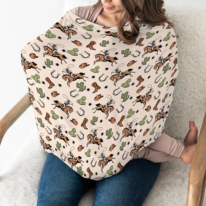 Country Western Car Seat Cover for Baby Cowboy Hat Boots Horse Cactus Stretchy 5-in-1 Covers Adjustable Car Canopy Breastfeeding Cover Wild West Desert Breathable Nursing Cover-Up-BubblyBeeBaby