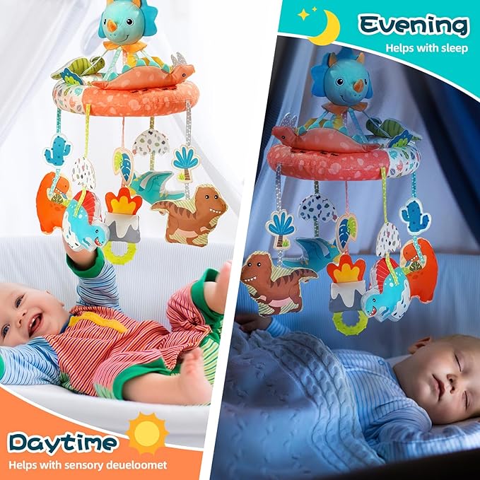 Jollybaby Nursery Baby Automatic Rotating Dinosaur Crib Mobile with Music Box & Arm, Montessori Sensory Musical Hanging Toy for Bassinet, Newborn Clip on Crib Mobile Soother Toy Gift, Polyester-BubblyBeeBaby