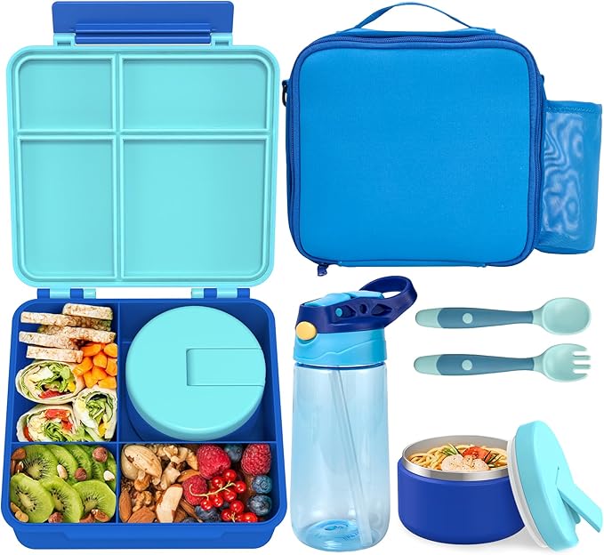 Kids Bento Lunch Box with 8oz Soup Thermo, Water Bottle, Kids Leakproof Lunch Food Containers with 4 Compartment, Insulated Hot Food Jar with Lunch Bag for School, Trvael (Blue)-BubblyBeeBaby