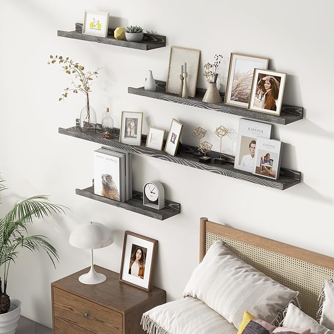 24 Inches Floating Shelves for Wall, Solid Pine Wood Picture Ledge Shelves, Wall Shelves with Lips, Nursery Book Shelves for Toys Storage Living Room Bedroom Photo Frames (2 Pcs, Grey)-BubblyBeeBaby