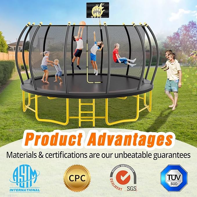 10FT 12FT 14FT 16FT Pumpkin Trampoline for Kids Adults, ASTM Approved Outdoor Recreational Trampoline with Basketball Hoop, Enclosure Net, Yellow-BubblyBeeBaby