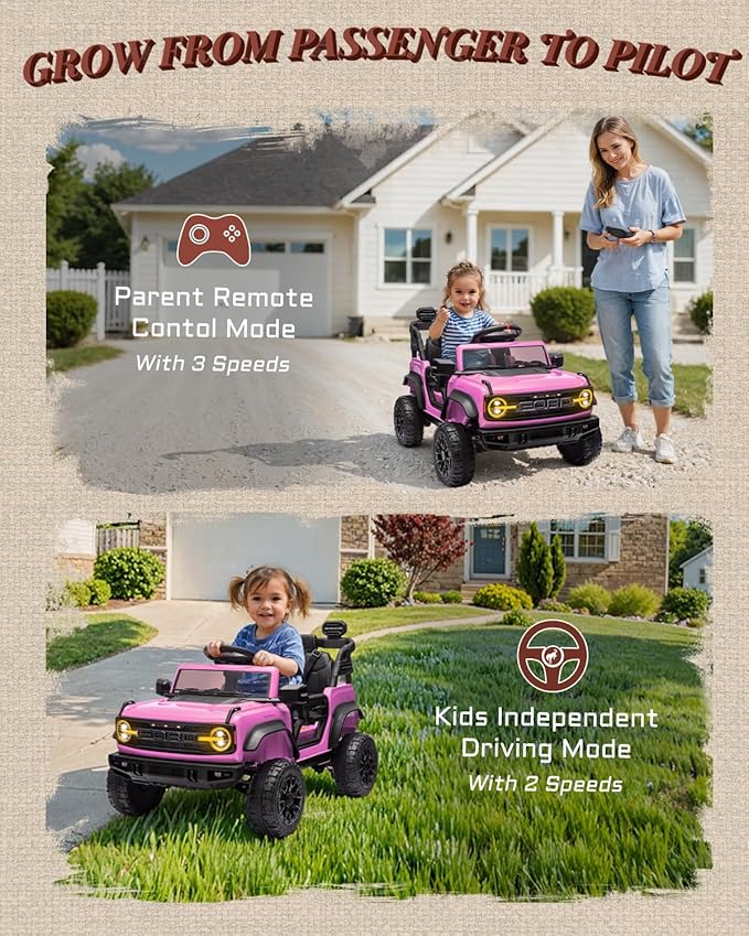 12V Electric Ride on Toys for Toddler, Ford Bronco Raptor Kids Ride on Car with Remote Control, 12 Volt Battery Powered Cars for Children with Smooth Start, Bluetooth (12V, Pink)-BubblyBeeBaby