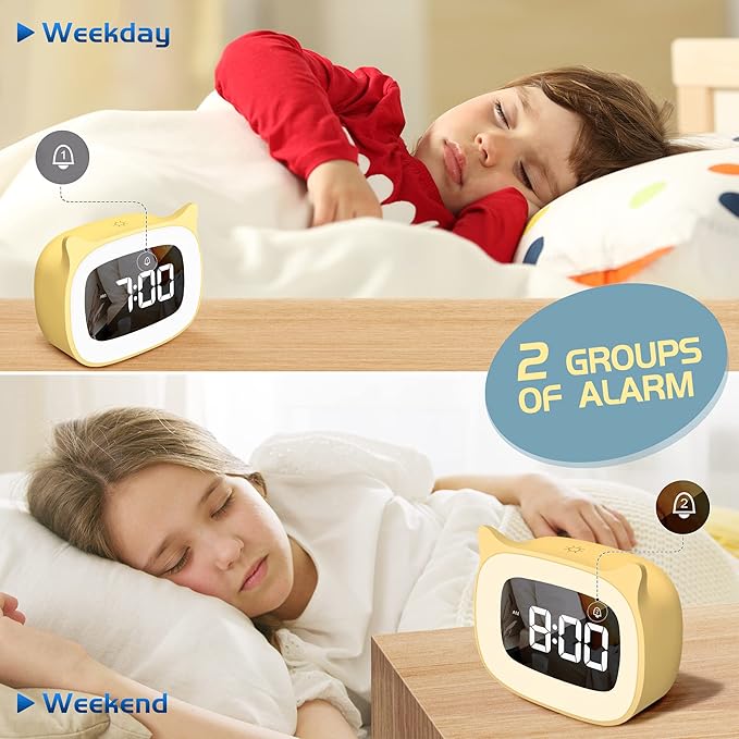 Kids Alarm Clock with Night Light & 18 Ringtones,Rechargeable,Cute Cat Ear Clock for Boys Girls Birthday Presents,Digital Clock for Children's Bedroom(Yellow)-BubblyBeeBaby