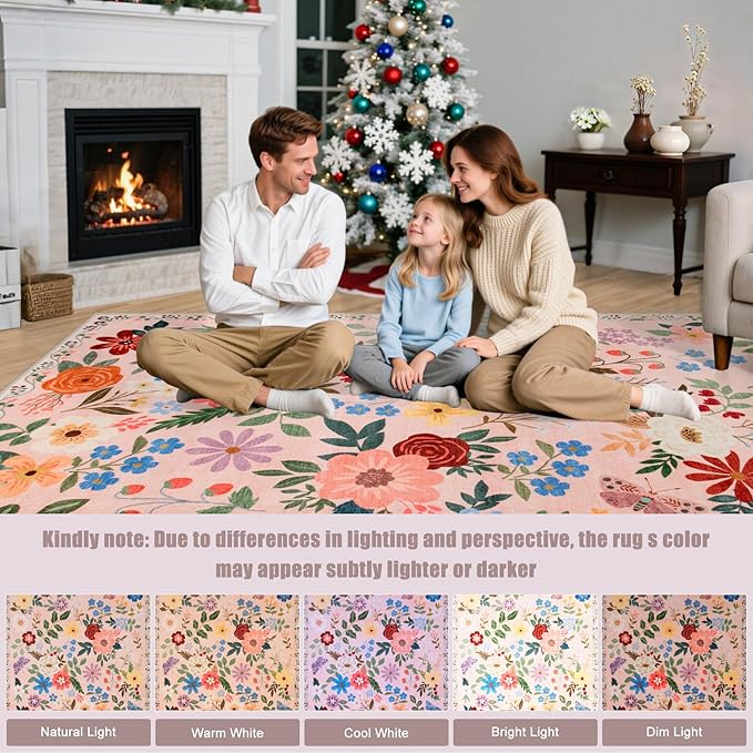 10x14 Area Rugs for Living Room: Floral Washable Rug Vintage Large Soft Boho Non-Slip Carpet Stain Resistant Low Pile Carpets for Bedroom Dining Room Farmhouse Nursery Hallway Home Office Beige-BubblyBeeBaby