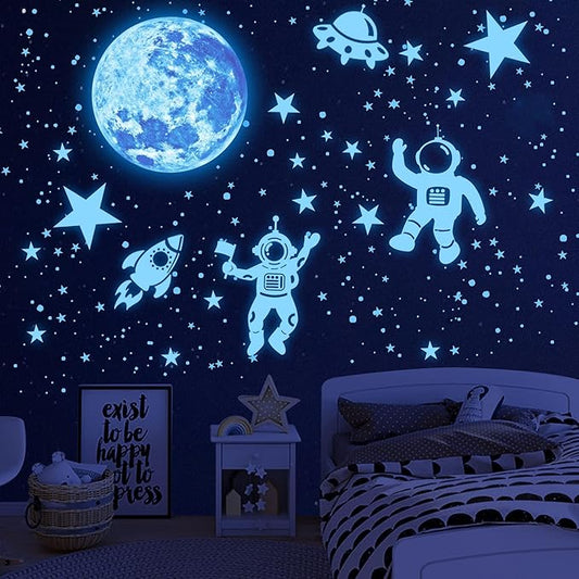 1017Pcs Glow in The Dark Stars for Ceiling Glow in The Dark Moon and Planet Wall Decal Luminous Astronaut Universe Galaxy Space Wall Stickers for Kids Boys Bedroom Blue-BubblyBeeBaby