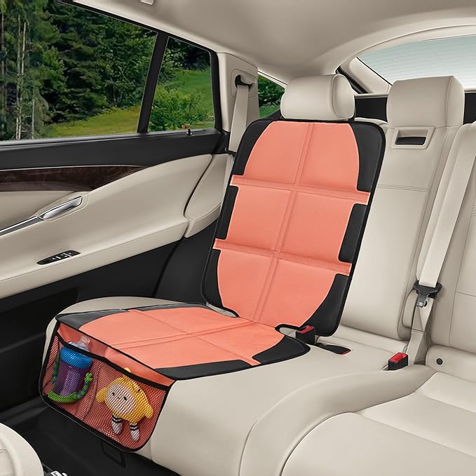 Car Seat Protector for Child, 2 Pack Covers with Mesh Pockets & Non-Slip Backing, 600D Durable Under Seat for Back (Orange, Large)-BubblyBeeBaby