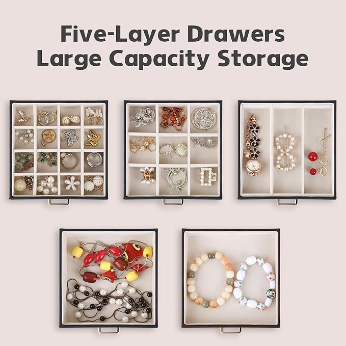 Kendal Jewelry Box, 6-Layer Jewelry Storage Organizer for Necklace Bracelet Rings Watch, 10.2"x8.2"x6" Classic Black PU Leather 5 Drawers Large Storage Capacity with Mirror-BubblyBeeBaby