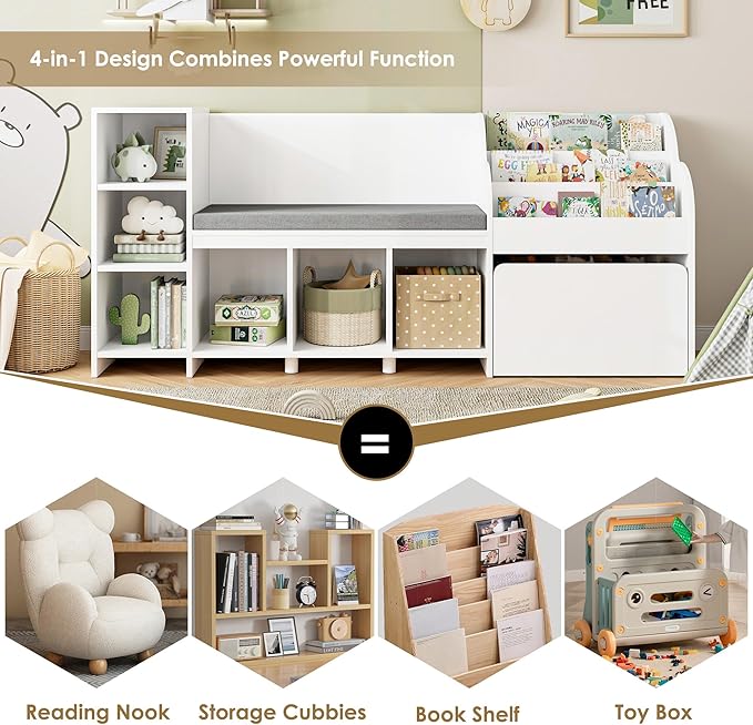 HOSTACK 67" Kids Reading Nook with Bench, Kids Bookshelf and Bookcase with Seat Cushion and 6 Storage Cubbies, Toy Storage Box on Wheels, Toy Chest for Playroom, Bedroom, School, White-BubblyBeeBaby