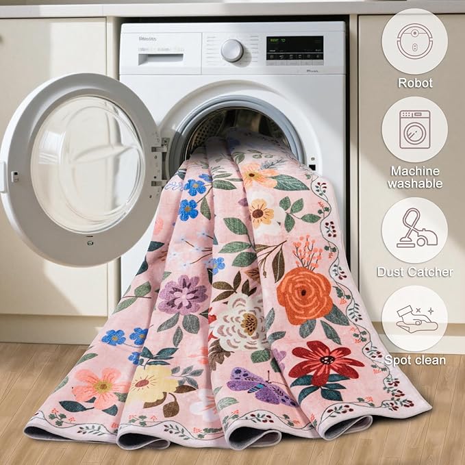 10x12 Area Rugs for Living Room: Floral Washable Rug Vintage Large Soft Boho Non-Slip Carpet Stain Resistant Low Pile Carpets for Bedroom Dining Room Farmhouse Nursery Hallway Home Office Beige-BubblyBeeBaby