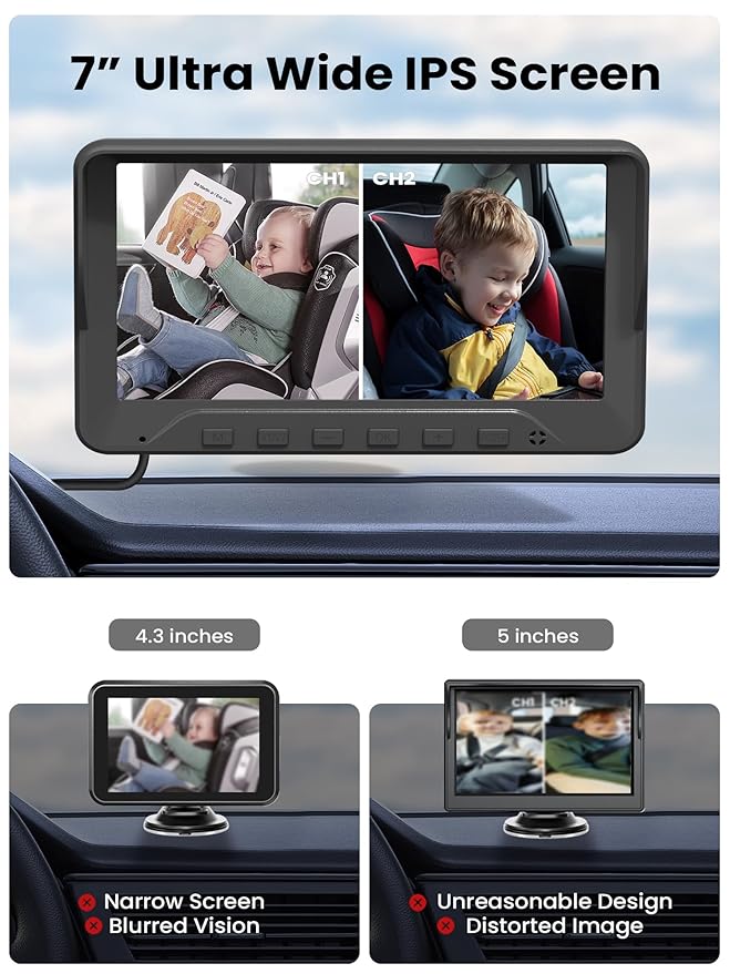 GROWNSY Dual Car Camera Baby Monitor, 7" 1080P AHD Car Camera for 2kids, Backseat Mirror for Baby Rear Facing with Infrared Night Vision, Easily Observe Baby's Every Move-BubblyBeeBaby