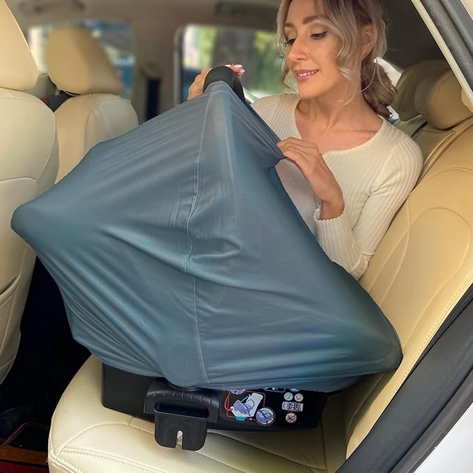 Breathable Car Seat Cover for Babies – Multi-Purpose Soft Rayon Nursing Cover for Breastfeeding, High Stretchy Infant Carseat Canopy, Stroller Cover (Smooth Rayon, Blue)-BubblyBeeBaby