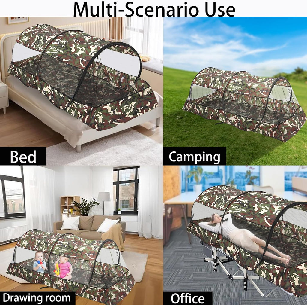 CMINGJ Portable Mosquito Net Foldable Pop-Up Travel Mosquito Net for Bed Free Installation-Suitable for Baby Adults Bedroom, Camping, nap, Patio (Extra Large-Bottom Zipper(Camouflage))