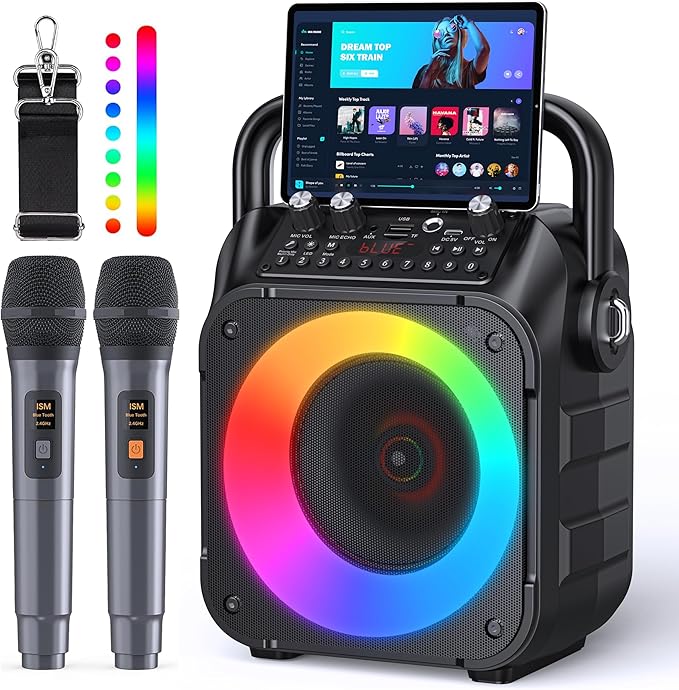 Karaoke Machine, Portable Bluetooth Speaker with 2 Wireless Microphones for Adults & Kids with Lights, Karaoke Microphone with PA System Supports USB/TF/REC/FM/AUX for Home Party Home System Packages-BubblyBeeBaby