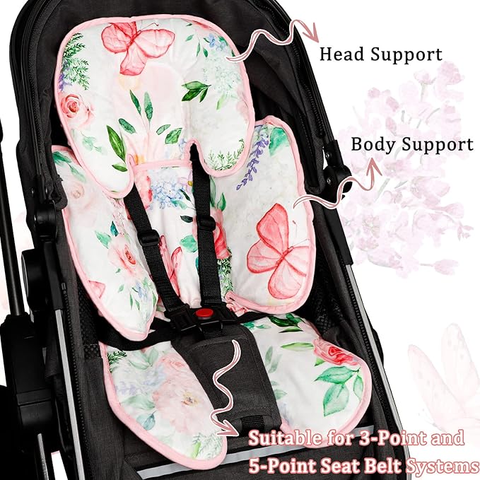 2 in 1 Infant Car Seat Insert, Adjustable Car Seat Head Support Baby Girls Boys, Soft Newborn Carseat Insert Cushion, Perfect for Carseats, Strollers, Swings (Pink Flower)-BubblyBeeBaby