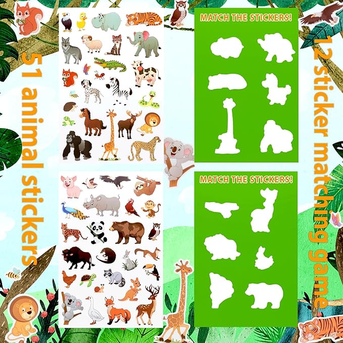 Jelly Sticker Book for Kids 2-4 Travel Essentials, Reusable Sticker Book + 8 Scenes + 2 Matching Games + 51 Large Animal Stickers for 1-3 Toddler Activities (Animals)-BubblyBeeBaby
