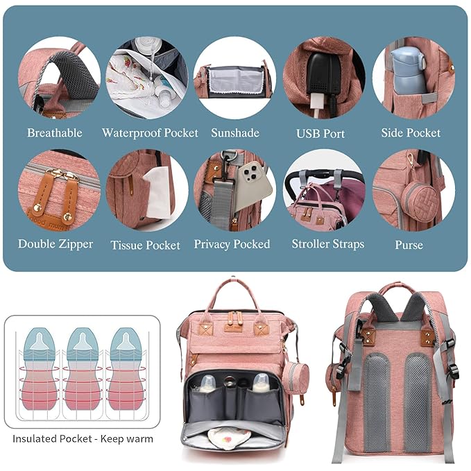 Jeryswet Baby Diaper Bags with Changing Station, Waterproof Large Capacity Diaper Bag Backpack for Moms Dads with USB Charging Port and Stroller Straps, Baby Shower Gifts, Pink-BubblyBeeBaby