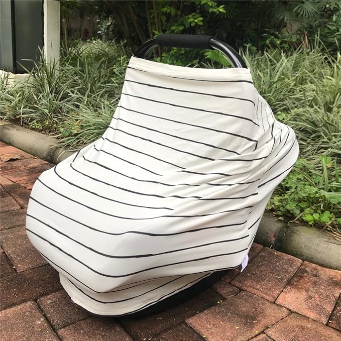 Car Seat Cover Baby – Multi-use Nursing Cover-Up for Breastfeeding, Carseat Canopy Cover, Stretchy Infant Stroller Covers for Boys and Girls (White with Black Stripes)-BubblyBeeBaby