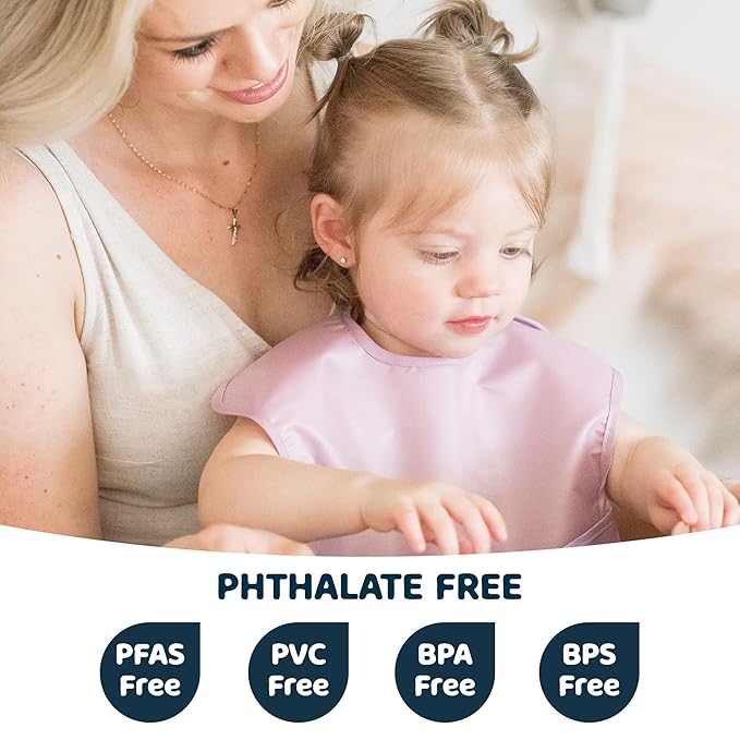 Tiny Twinkle Mess Proof Baby Bibs for Eating - Waterproof, Wipeable Bibs - Toddler Bibs - Travel Friendly - PFAS, PVC, BPA, Phthalate Free - Baby Food Bibs(3 Pack,Taupe, Rose)-BubblyBeeBaby