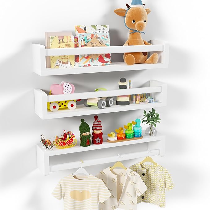Heimlove Nursery Floating Shelves, White Nursery Book Shelves for Wall, 24 inch Wall Bookshelf for Kids Solid Wood Wall Mounted Shelves for Books,Toys and Decor Storage, Set of 3-BubblyBeeBaby