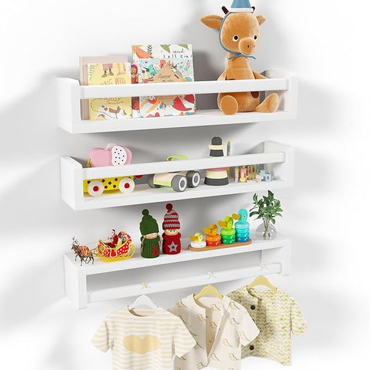 Heimlove Nursery Floating Shelves, White Nursery Book Shelves for Wall, 24 inch Wall Bookshelf for Kids Solid Wood Wall Mounted Shelves for Books,Toys and Decor Storage, Set of 3-BubblyBeeBaby