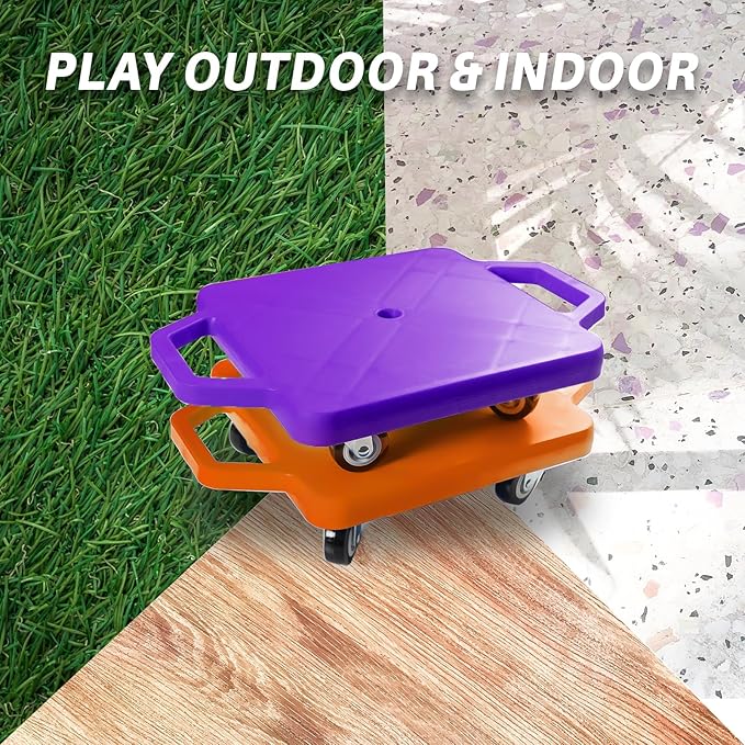2 Plastic Scooter Boards with Handles for Kids Sitting and Sports Training, with 1 Ring, 2 Ropes and 4 Beanbags, Indoor and Outdoor Play-BubblyBeeBaby