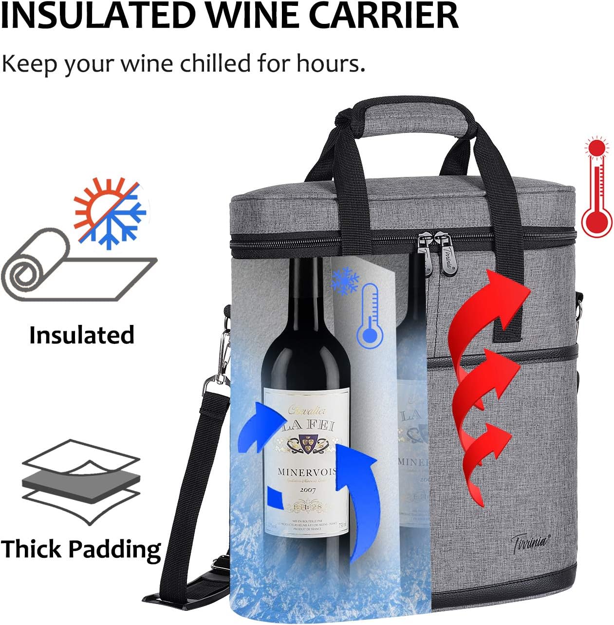 Tirrinia Insulated Wine Gift carrier - 3 Bottle Travel Wine Carry Cooler Tote Bag with Handle and Adjustable Shoulder Strap, Grey
