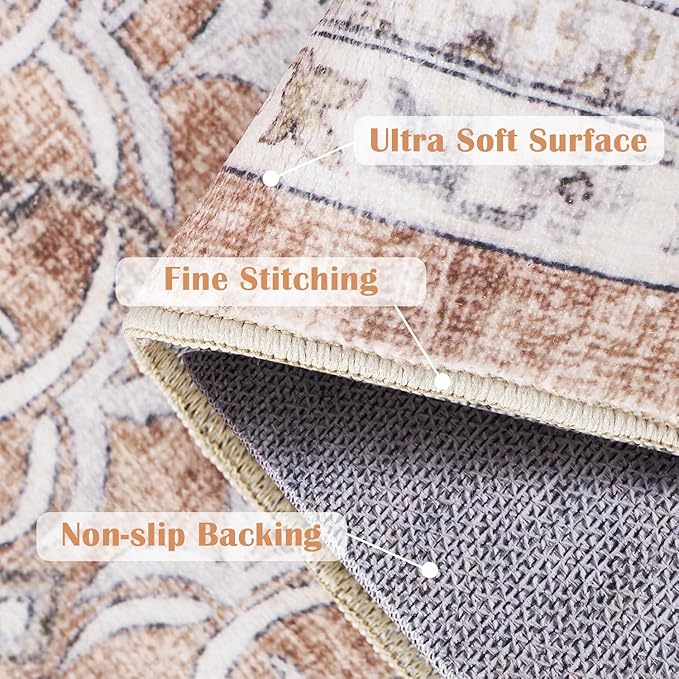 jinchan Floral 5x7 Area Rugs for Bedroom - Machine Washable Vintage Distressed Boho Design Throw Rug Stain Resistant Carpet Low-Pile Thin Non-Slip for Nursery Living Room Dining Room (5‘x7',Orange)-BubblyBeeBaby