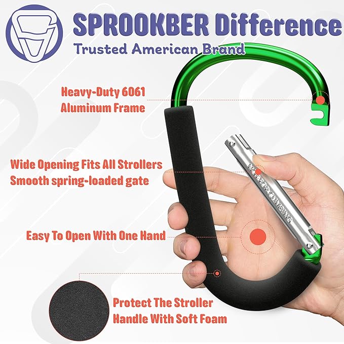 sprookber 6.7 Inch Large Stroller Hooks for Diaper Bags & Purses, Heavy Duty Mommy Hooks for Shopping, Grocery, Backpack – Baby Stroller Accessories, Set of 2 (Green)-BubblyBeeBaby