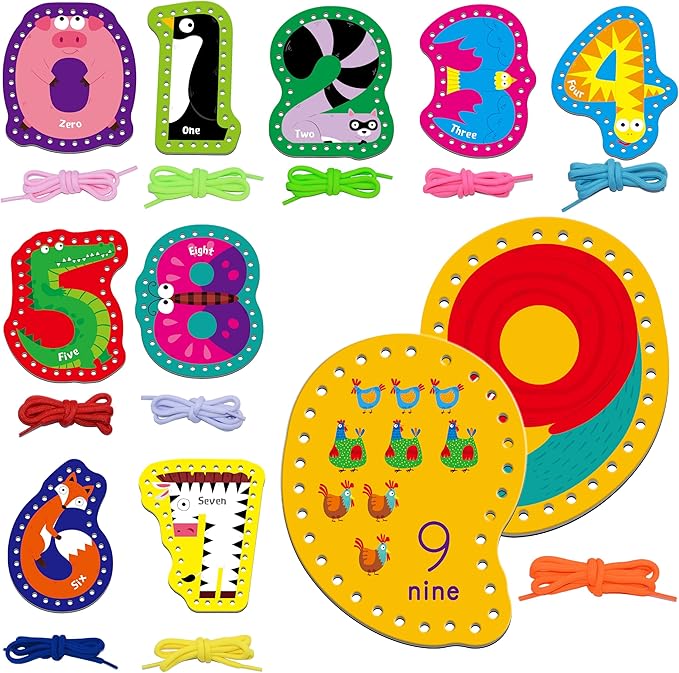 10 Pieces Number Lacing Cards, 0-9 Double Sided Sewing Cards with 10 Colorful Laces, Imagination Development Lacing Toys Games for Children Educational and Learning Activity-BubblyBeeBaby
