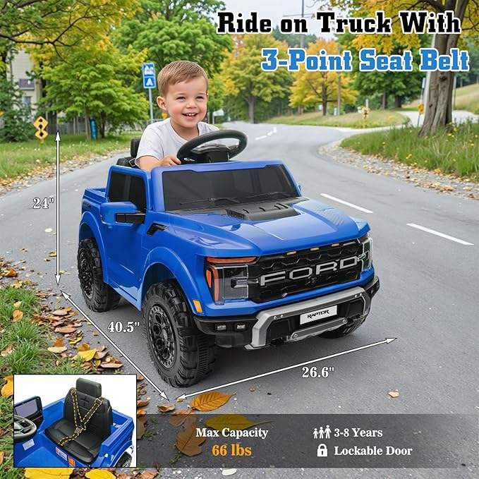 12V Ride on Car Licensed Ford F-150 Raptor, Kids Electric Car with Remote Control, LED Light/Music/MP3, Truck Bed Storage, 3-Point Seat Belt (12V, Blue)-BubblyBeeBaby