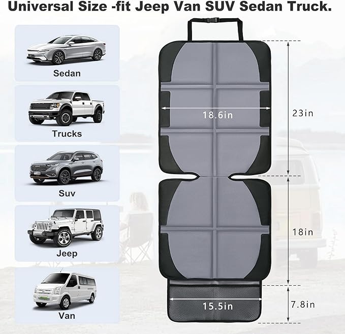 Car Seat Protector, 2 Pack Baby CarSeat Covers with Mesh Pockets & Non-Slip Backing 600D Durable Seat Protectors Under Car Seat for Baby(Gray, Large)-BubblyBeeBaby