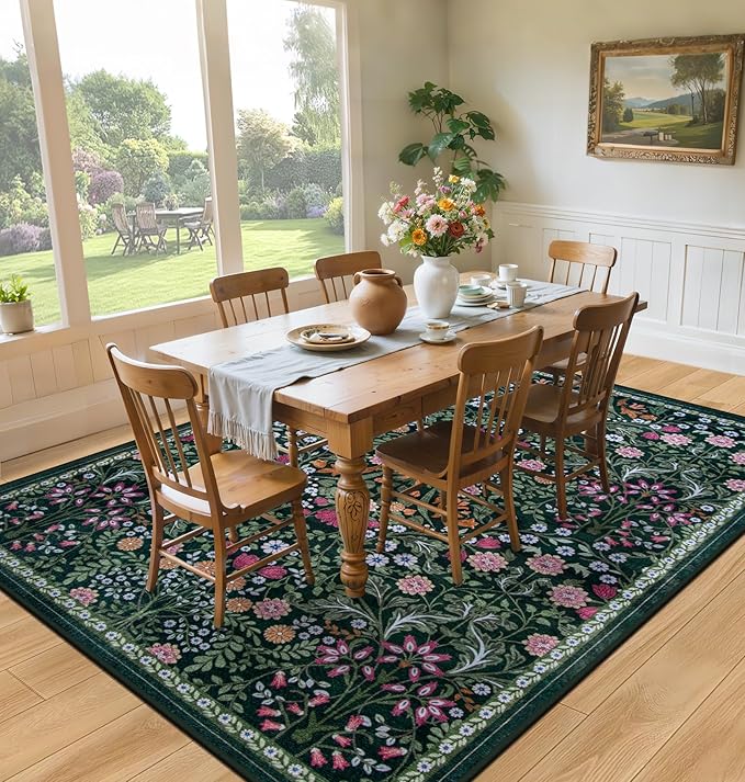 10x14 Area Rugs for Living Room: Floral Washable Rug Vintage Large Soft Boho Non-Slip Carpet Stain Resistant Low Pile Carpets for Bedroom Dining Room Farmhouse Nursery Hallway Home Office Dark Green-BubblyBeeBaby
