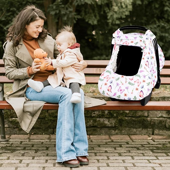 Pea Pod Car Seat Cover Baby, Infant Car Seat Canopy Covers with 2 Layers Windows of Breathable Mesh Fabric, Lightweight Polyester, Soft Minky Dot Backing (Butterfly Pattern)-BubblyBeeBaby