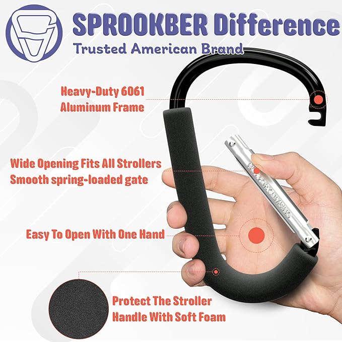 sprookber 6.7 Inch Large Stroller Hooks for Diaper Bags & Purses, Heavy Duty Mommy Hooks for Shopping, Grocery, Backpack – Baby Stroller Accessories, Set of 2 (Black)-BubblyBeeBaby