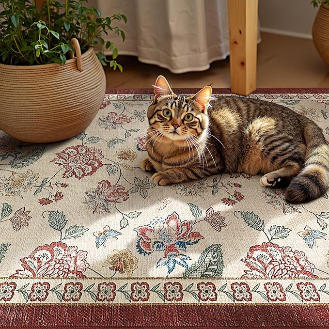 jinchan 2x3 Floral Rug for Entryway Washable Kitchen Rug Vintage Romance Design Small Mat Non Slip Indoor Doormat Lightweight Low-Profile Throw Carpet for Entrance Bathroom Laundry Room, Red/Beige-BubblyBeeBaby