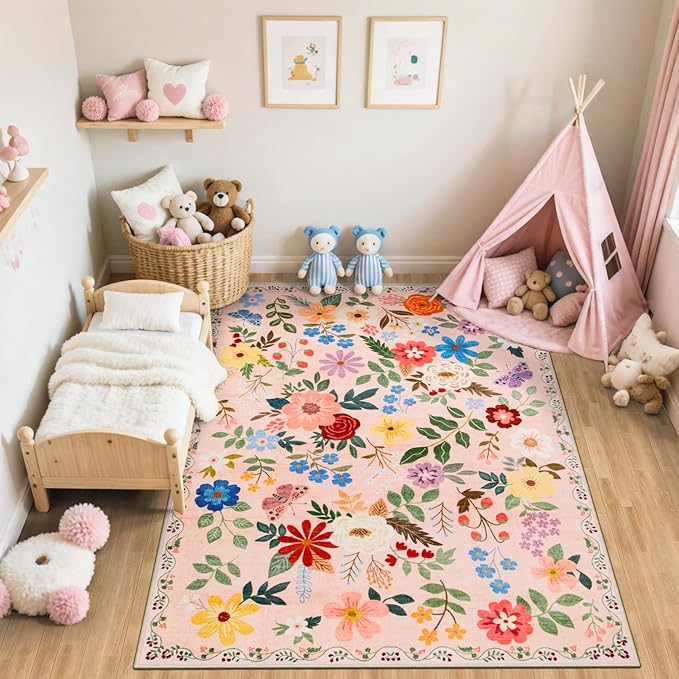 10x12 Area Rugs for Living Room: Floral Washable Rug Vintage Large Soft Boho Non-Slip Carpet Stain Resistant Low Pile Carpets for Bedroom Dining Room Farmhouse Nursery Hallway Home Office Beige-BubblyBeeBaby